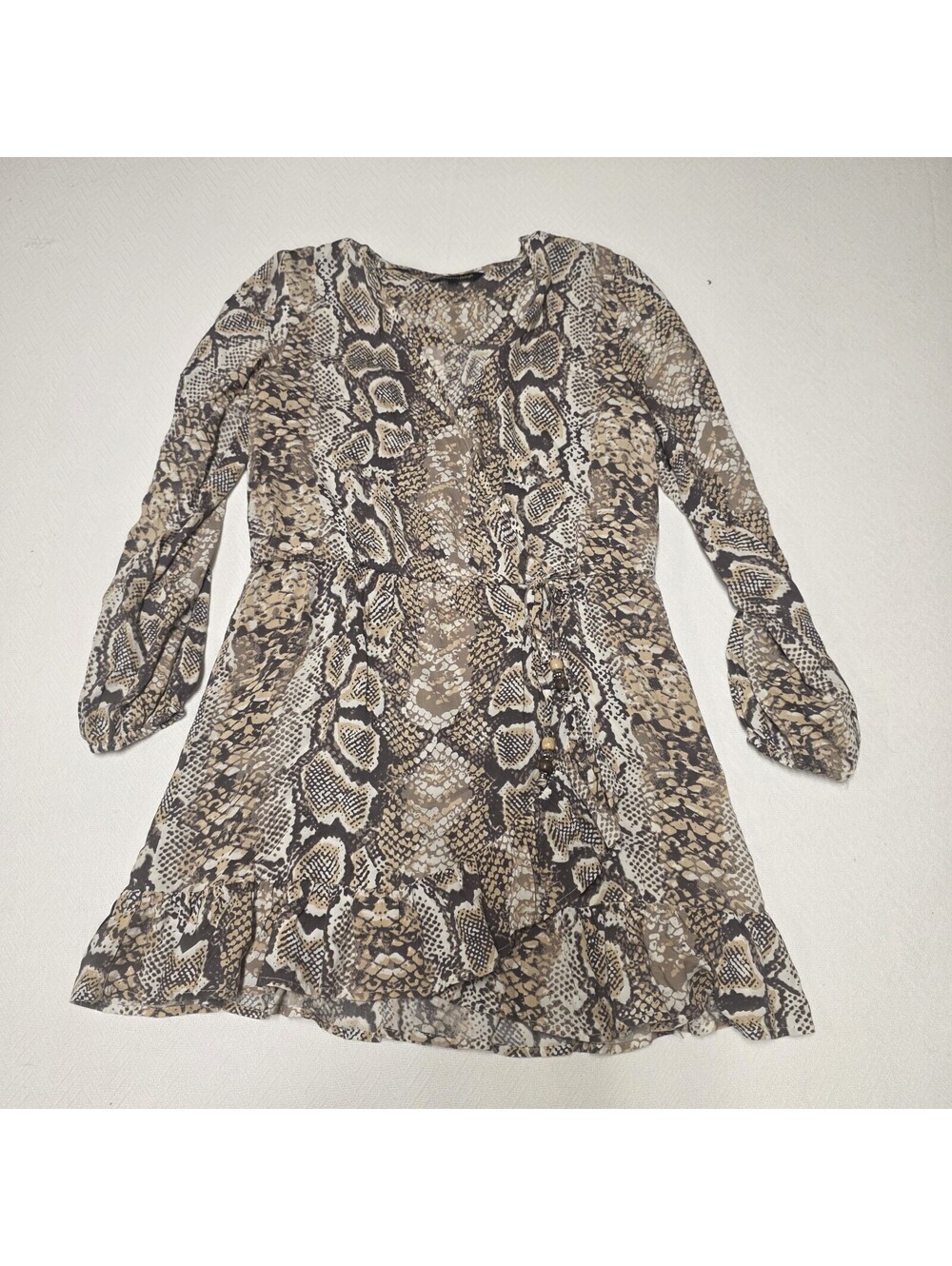 Spiaggia Dolce Small Snake Print MiniDress Long Sleeve Tiered Ruffle Boho Animal